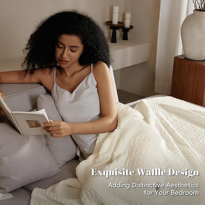 PHF 100% Cotton Waffle Weave Blanket Twin Size for Bed, Soft Lightweight & Breathable for Spring and Summer, All-Season Comfort, Luxury Aesthetic Blanket for Home Decor, 66"x90", Cannoli Cream