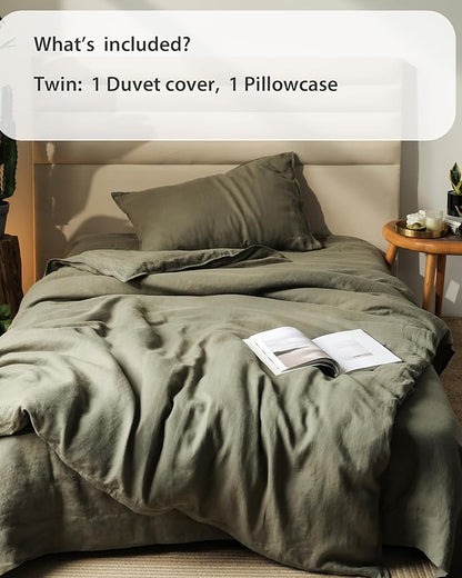 XZ XIFA Olive Green Linen Duvet Cover Twin, 100% Washed French Flax Linen Bedding Set with Zipper Closure, Cooling & Textured Bed Sets for Hot Sleepers(1 Duvet Cover, 1 Pillowcases)