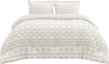 Bedsure Tufted Boho Comforter Set Queen Size - Beige Boho Bed Set, GentleSoft™ 3 Pieces Farmhouse Shabby Chic, Home Decor Bedding, Gifts for Woman, Soft Jacquard Queen Comforter for All Seasons