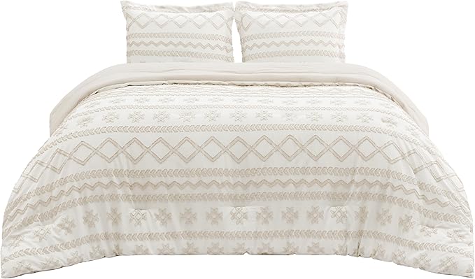 Bedsure Tufted Boho Comforter Set Queen Size - Beige Boho Bed Set, GentleSoft™ 3 Pieces Farmhouse Shabby Chic, Home Decor Bedding, Gifts for Woman, Soft Jacquard Queen Comforter for All Seasons
