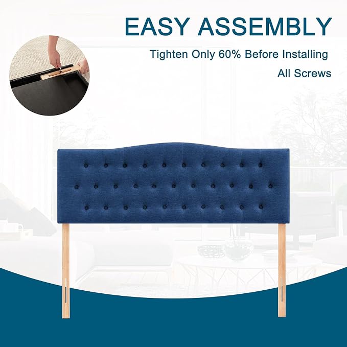 Tufted Headboard King Size, Solid Wood Adjustable Height Head Board, Blue | Upholstered King Headboard Only with Durable Solid Wood Legs, Adjustable Height 37-51 in, Fabric Button Diamond HeadBoards