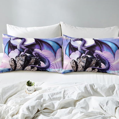 Feelyou Dragon Bedding Duvet Cover Set King Size 3D Dragon Theme Bedding Set Decor Ancient Wildlife Dragon Deep Animal Magical World Scale Comforter Cover Set Purple Bedspread Cover,No Comforter