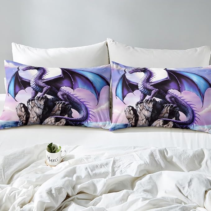 Feelyou Dragon Bedding Duvet Cover Set Toddler Size 3D Dragon Theme Bedding Set Decor Ancient Wildlife Dragon Deep Animal Magical World Scale Comforter Cover Set Purple Bedspread Cover,No Comforter