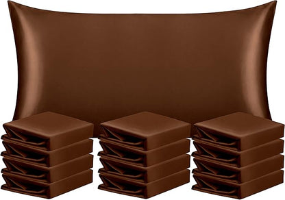 NTBAY 12 Pack Satin King Pillowcases for Hair and Skin, Luxurious and Silky Pillow Cases with Envelope Closure, 20 x 36 Inches, Brown