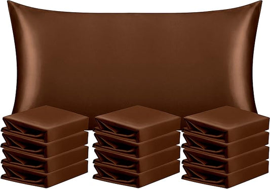 NTBAY 12 Pack Satin King Pillowcases for Hair and Skin, Luxurious and Silky Pillow Cases with Envelope Closure, 20 x 36 Inches, Brown