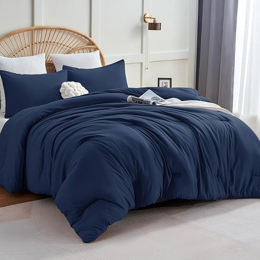CozyLux Oversized Queen Comforter Set Navy Blue, 3 Pieces 98x98 Solid Breathable Quilted Bedding Sets for All Season, Luxury Soft Lightweight Bed Set with Down Alternative Comforter and 2 Pillowcases