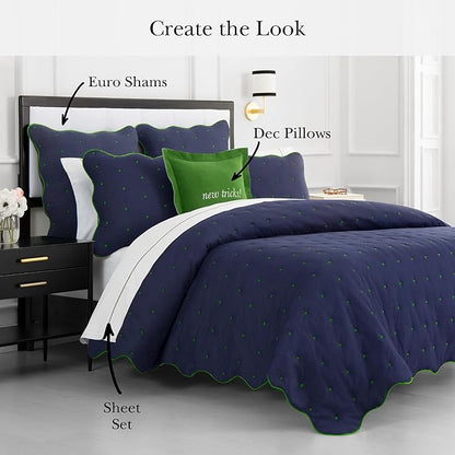 kate spade new york Scalloped Edge 2-Piece Twin Quilt Bedding Set, 100% Cotton Reversible Cover, All Season Warmth Bedding, Machine Washable, Navy