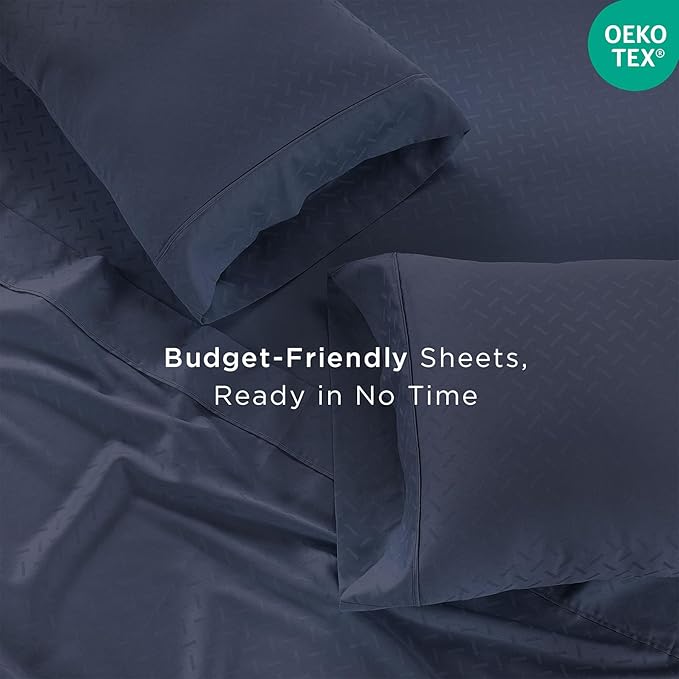 Threadmill 100% Cotton Sheets for King Size Bed | 4 Pc King Bed Sheets Set | Soft, Breathable Lightweight Damask Sateen for All-Season Use | Snug Fit Elastic Deep Pocket King Sheets | Folkstone Blue