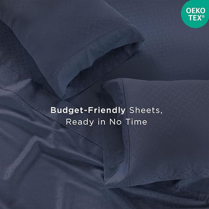 Threadmill Cotton Twin XL Sheet Set | 100% Cotton Sheets for Twin XL Size Bed | Damask Jacquard Sateen Twin XL Bed Sheets Set | 16” Deep Pocket | Soft Breathable 3pc Cooling Sheet Set | Folkstone Blue