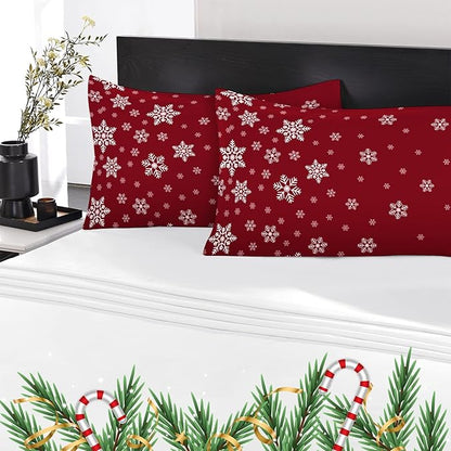 YIYEA Christmas King Size Pillow Cases Set of 4, Ultra Soft Double Brushed Microfiber Red Pillowcases and Christmas Snowflake Pillow Covers, Envelope Closure, Fade Resistant (20"x36")