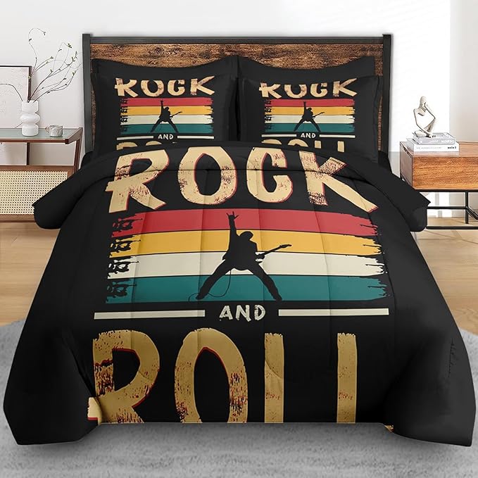 Comforter Set Full Size, Rock Roll Music Vintage 7 Pcs Bedding for Kids and Adults, Retro Guitar Disco Bed Sheet Sets with Fitted Sheet 2 Pillowcases & 2 Shams for Bedroom Bed Decor