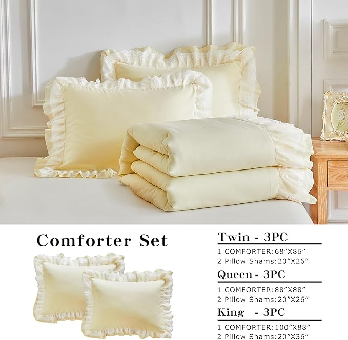 Joyreap King Size Comforter Set Yellow, 3pcs Lace Ruffled Bedding Comforter Set, Microfiber Vintage Boho Chic Bedding Set for All Season- 100x88 inches