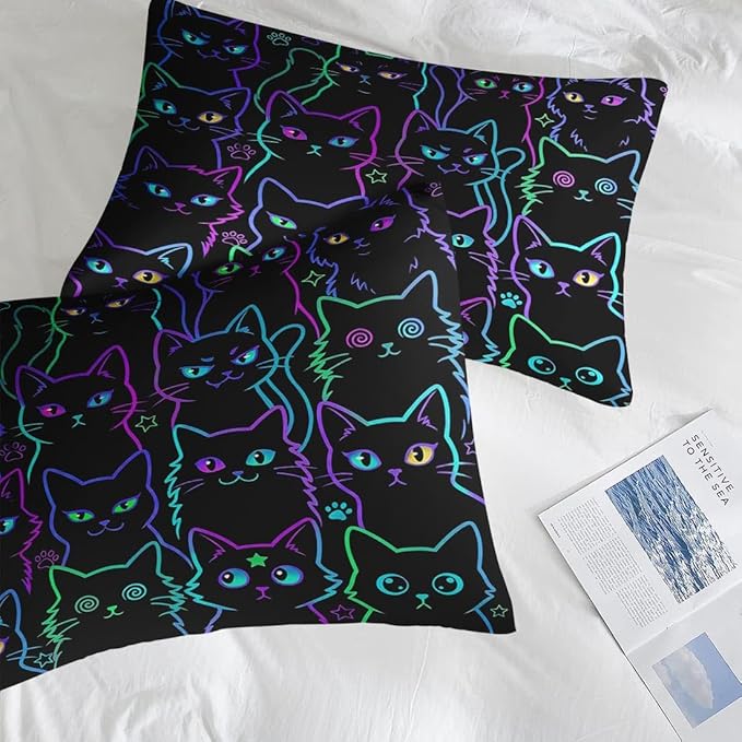 7 Pcs King Size Comforter Set with 2 Pillowcases & 2 Shams, Cute Cat Halloween Bedding Set for Kids and Adults, Neon Funny Gothic Bed in a Bag with Flat Sheet and Fitted Sheet