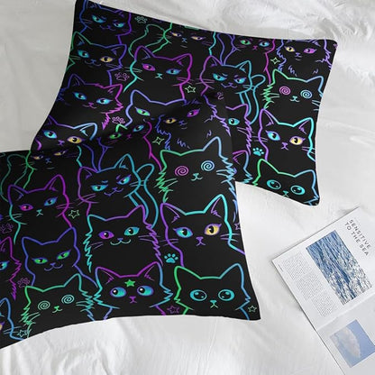 7 Pcs King Size Comforter Set with 2 Pillowcases & 2 Shams, Cute Cat Halloween Bedding Set for Kids and Adults, Neon Funny Gothic Bed in a Bag with Flat Sheet and Fitted Sheet