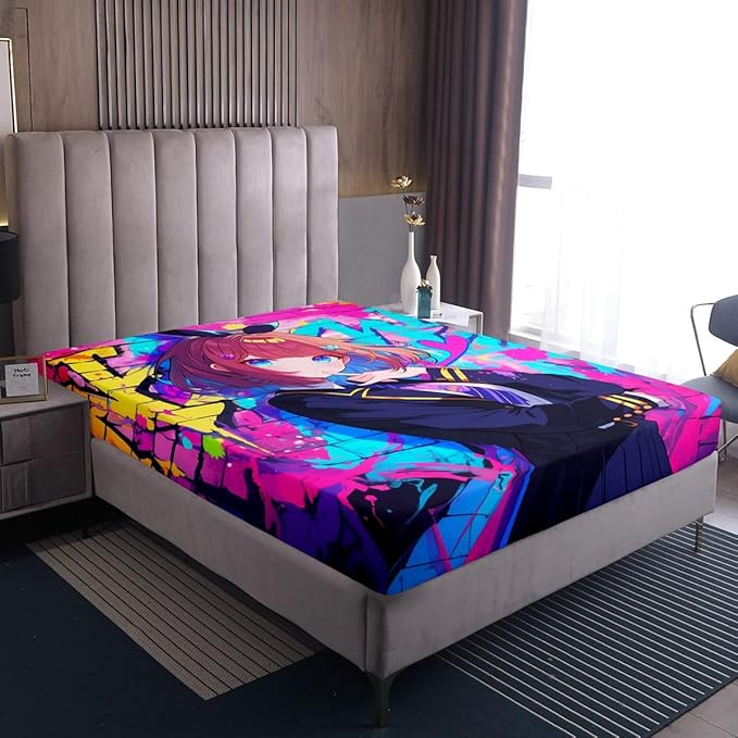 Erosebridal Girls Japanese Anime Bedding Set Twin, Kawaii Anime Girl Fitted Sheet Cartoon Girl Bed Sheets for Kids Teens Adult, Japanese Animation Sci Fi Style Sheets, 1 Pillow Case