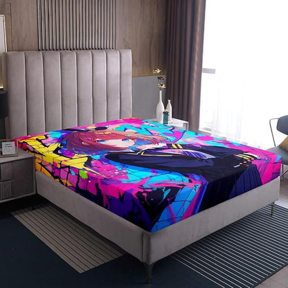 Erosebridal Girls Japanese Anime Bedding Set Twin, Kawaii Anime Girl Fitted Sheet Cartoon Girl Bed Sheets for Kids Teens Adult, Japanese Animation Sci Fi Style Sheets, 1 Pillow Case