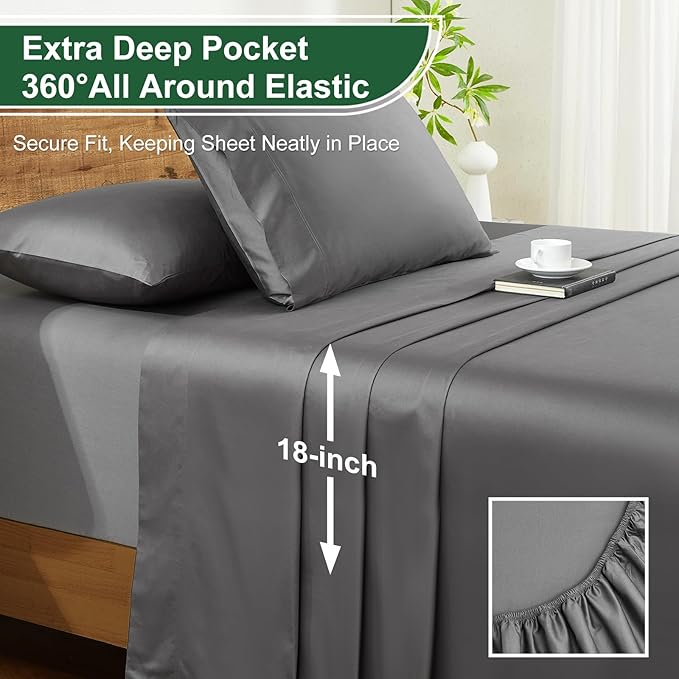Ivellow 100% Egyptian Cotton Sheets Queen Size Set - 1200 Thread Count 6 PC 18" Deep Pocket Queen Size Bed Sheet Set，Luxury Soft Breathable Grey Cooling Sheet Sets Durable Hotel Quality Bedding