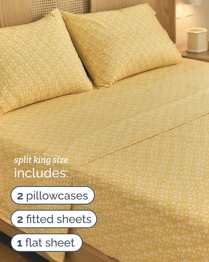 Floral Sheets - Yellow Floral Bed Sheet Set - 1 Flat, 2 Fitted & 2 Pillowcases w/ Deep Pockets - Wrinkle & Fade Free - Boho Botanical Bedding - Ultra-Soft, Breathable & Cooling - Split King Size Set