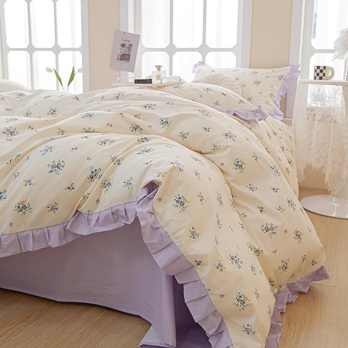 VM VOUGEMARKET Ruffle Comforter Set Queen, Purple Flower Bedding Set,3 Pieces Shabby Chic Coquette Cottagecore Aesthetic Lace Comforter with 2 Pillow Shams,Queen Size