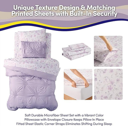 Floral Pintuck Comforter Set Twin Size – Bed in a Bag with Sheets, Pillowcases & Shams – Soft Stylish Sports Bedding – All Season Boys Basketball Bed Set