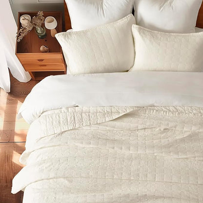 EVERGRACEHOME Stonewashed Quilt Set Full Queen Size, Ultra Soft Oversized Bedspread Coverlet Set, Lightweight Crinkle Box Stitch Bedding Sets for All Season, with 2 Shams, Ivory White