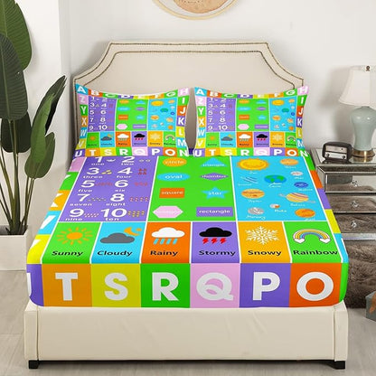 Castle Fairy Alphabet Fitted Sheet Set Full Size 4 Pcs,Educational Weather Planets Number Lightweight Sheets Teens Room Decor,Watercolor Patchwork Bedding Sets (1 Fitted,1 Flat,2 Pillowcases)