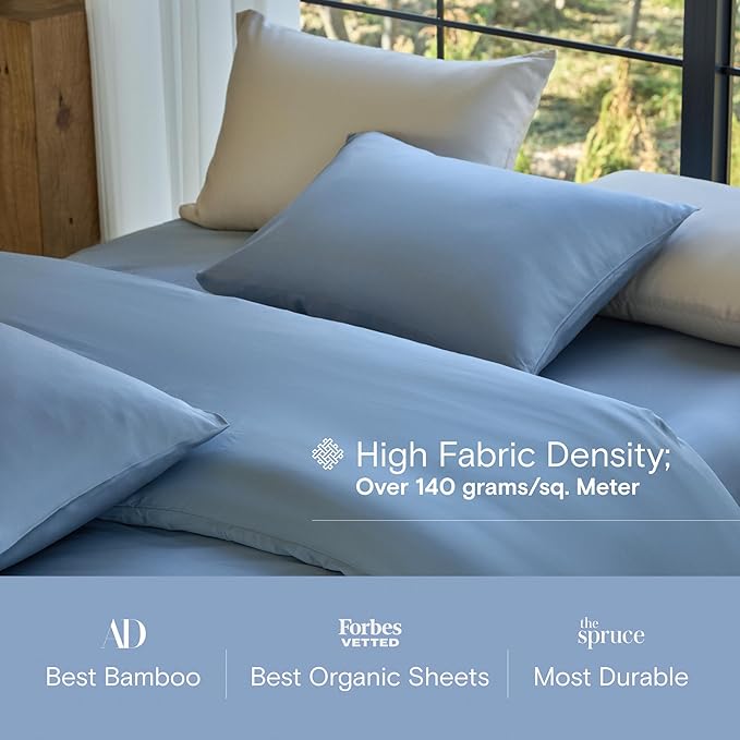 DOZ Sheet Set, 100% Viscose derived from Bamboo, Organically Grown, Buttery Soft, Cooling Sheets, High GSM, Deep Pockets - 4 Piece - 2 Pillowcases 1 Fitted Sheet 1 Top Sheet (Sky, Full)