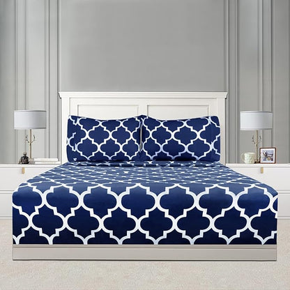 Mejoroom King Bed Sheet Set - Super Soft Brushed Microfiber 1800 Thread Count King Sheets with 15 inch Deep Pocket - Wrinkle Free - 4 Piece(King, Navy Quatrefoil with White Pattern)