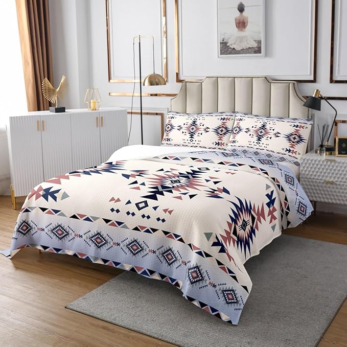 Aztec Print Kids Bedspread Queen Size,Western Cowboy Arrows Geometric Patchwork Coverlet Set,Boys Girls Room Decor,Southwest Boho Tribal Ethnic Quilted Coverlet,Retro Bedding Quilt,2 Pillowcases