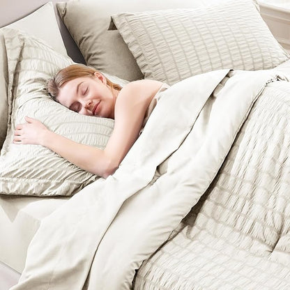 CozyLux Full Size Comforter Sets with Sheets Seersucker 7 Pieces Beige Bed in a Bag Textured Luxury Soft Bedding Set with Down Alternative Comforter, Sheets, Pillowcases & Shams for All Seasons