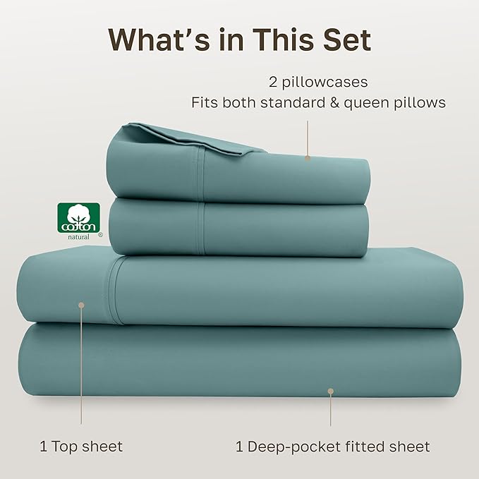 California Design Den Natural 100% Cotton Sheets, Soft Queen Sheet Set, 400 Thread Count Sateen, Deep Pockets with All-Around Elastic for a Snug Fit, Durable Bedding Set - Teal