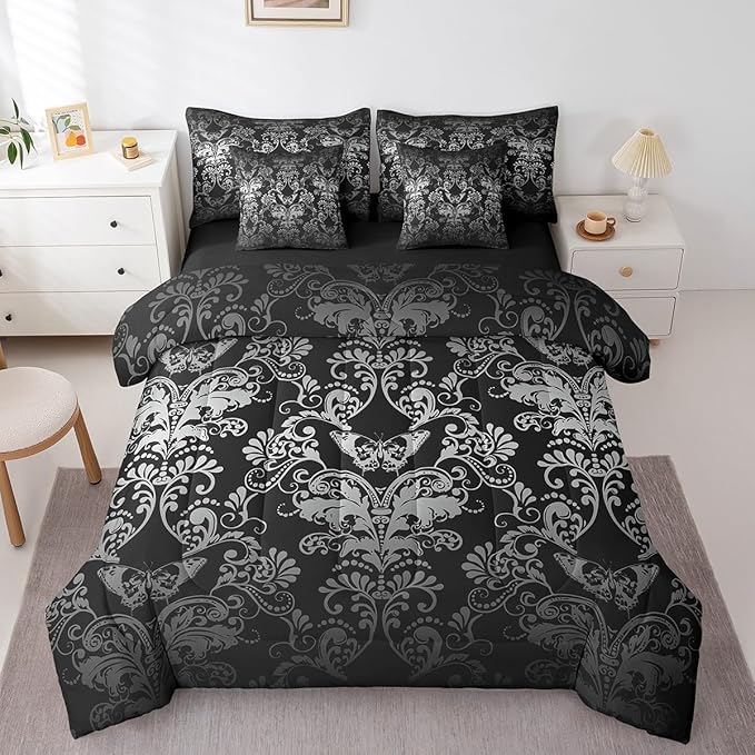 Erosebridal Gothic Damask Bed in a Bag Queen Comforter Set 7 Piece,Butterfly Skull Bedding Sets White Black Victorian Floral Goth Sheet Set with Comforter