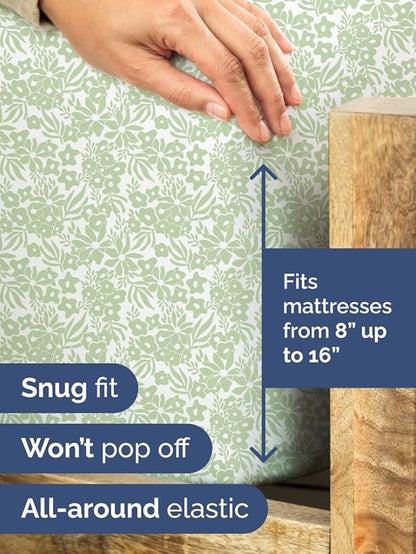 Floral Sheets - Green Flower Bed Sheet Set - 1 Flat, 1 Fitted & 2 Pillowcases w/ Deep Pockets - Comfy, Cozy, Wrinkle & Fade Free - Boho Botanical Bedding - Soft, Breathable & Cooling - Queen Size Set