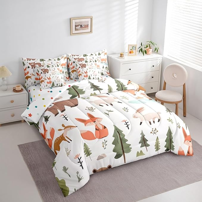 Feelyou Cartoon Animals Comforter Set 7 Pieces Full Size Cute Zoo Bear Fox Rabbit Bedding Set for Boys Girls Nature Bed in a Bag with Comforter, Sheets, Pillowcases & Cushion Covers
