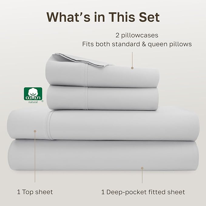 California Design Den Natural 100% Cotton Bed Sheets Queen Size Set - 400 Thread Count Sateen, Deep Pocket Queen Sheets Set with All Around Elastic, Soft, Durable Bedding - Silver