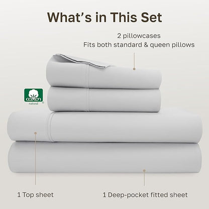 California Design Den Natural 100% Cotton Bed Sheets Queen Size Set - 400 Thread Count Sateen, Deep Pocket Queen Sheets Set with All Around Elastic, Soft, Durable Bedding - Silver