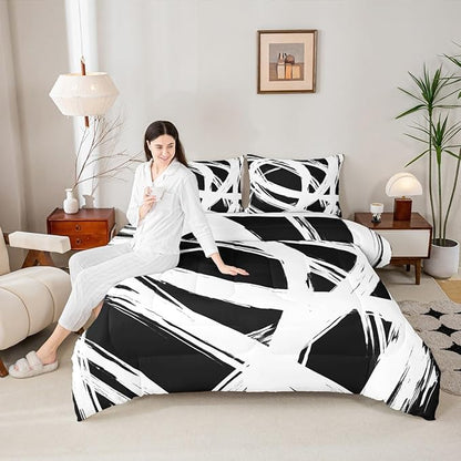 White and Black Striped Bedding Set Full Size for Adults Youth Teens,Contemporary Boho Modern Art Comforter Set,Graffiti Stripes Lines Quilt,Aesthetic Geometric Duvet Insert for Minimalists