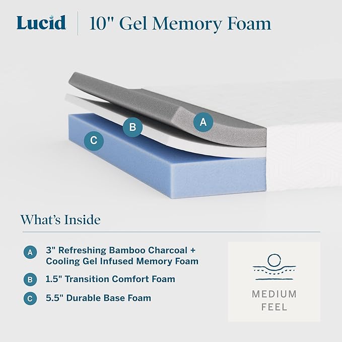 Lucid 10 Inch Memory Foam Mattress - Medium Feel - Infused with Refreshing Bamboo Charcoal and Cooling Gel - Bed in a Box - Temperature Regulating - Pressure Relief - Breathable - Short Queen Size
