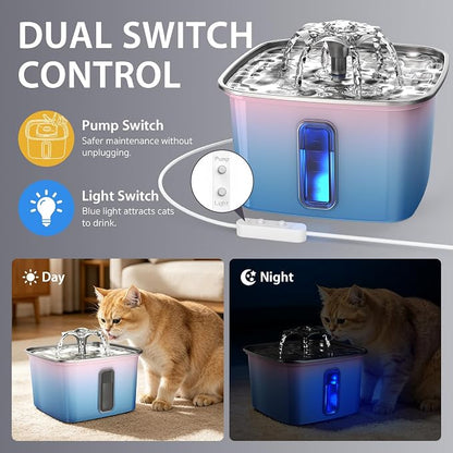 Veken Innovation Award Winner Stainless Steel Cat Water Fountain, 108oz | Automatic Pet Fountain Dog Water Dispenser with Replacement Filters & Silicone Mat for Cats, Dogs (Water Blue)