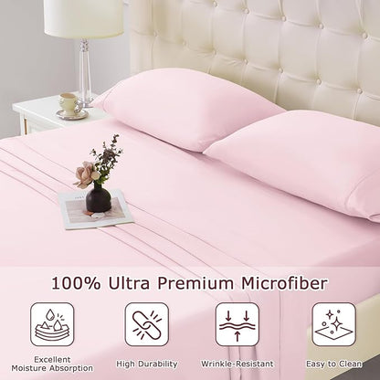 Twin XL Size Bed Sheet Set - 3 Piece Soft Microfiber Sheets with Deep Pockets, Cooling Technology, and Wrinkle-Free Pillowcase. Hotel-Quality, Durable Bedding, Light Pink