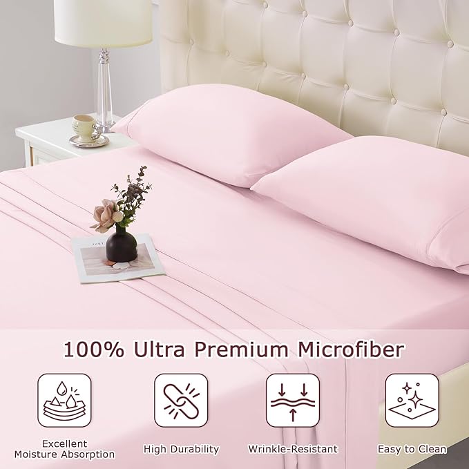King Size Bed Sheet Set - 4 Piece Soft Microfiber Sheets with Deep Pockets, Cooling Technology, and Wrinkle-Free Pillowcase. Hotel-Quality, Durable Bedding, Light Pink