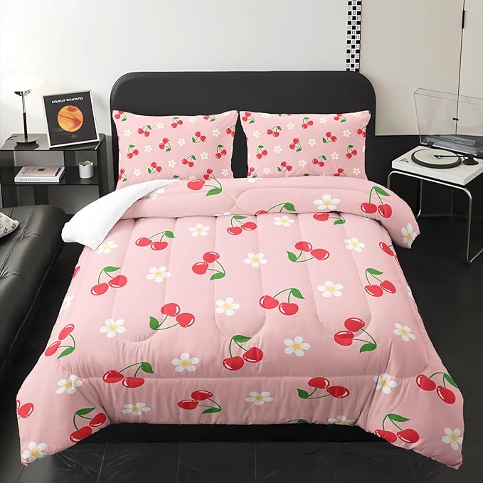 Pink Kawaii Bedding Set for Girls,3Pcs Cute Cartoon Fruit Printed Bedding King Size,Cherries and Flowers Comforter for Kids Girls Women,Lovely Pink Floral Comforter Set 1 Quilt 2 Pillowcases