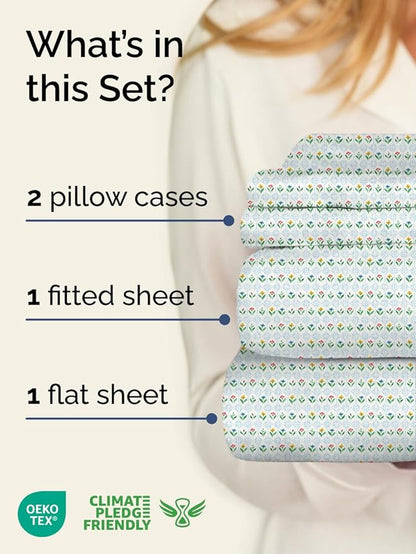 Floral Sheets - Flower Print Bed Sheet Set - 1 Flat, 1 Fitted & 2 Pillowcases w/ Deep Pockets - Comfy, Cozy, Wrinkle & Fade Free - Boho Botanical Bedding - Soft, Breathable & Cooling - Queen Size Set