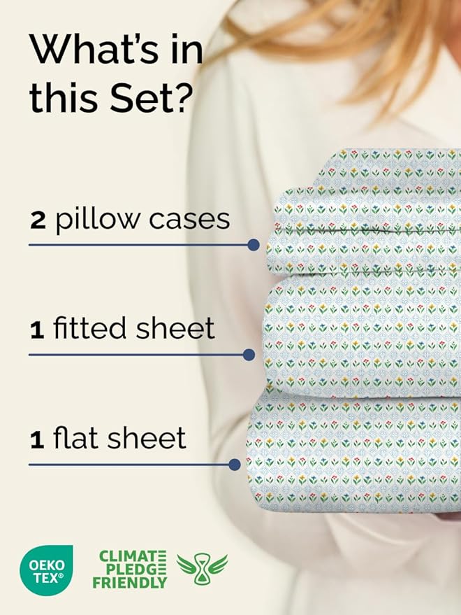 Floral Sheets - Flower Print Bed Sheet Set - 1 Flat, 1 Fitted & 2 Pillowcases w/ Deep Pockets - Comfy, Wrinkle & Fade Free - Boho Botanical Bedding - Soft, Breathable and Cooling - Cal King Size Set