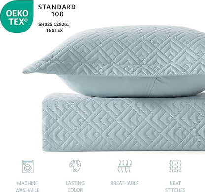 EXQ Home Quilt Set Full/Queen Size Coral Blue 3 Piece,Lightweight Soft Coverlet Modern Style Squares Pattern Bedspread Set for All Season(1 Quilt,2 Pillow Shams)