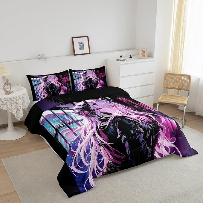 Erosebridal Japanese Anime Bedding Set King Size, Anime Girl Comforter Set Kawaii Japanese Style Duvet Insert Cartoon Japan Animation Quilt for Boys Teens Adult Women Bedroom Decor