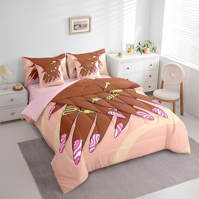 Erosebridal Romantic Makeup Themed Comforter Sets Queen for Girls Fashion Girlish Sheet Set 7 Piece Black Girls Bedding Set for Kids Teens Adult Women Bedroom Afro Vogue Princess Magical Bed in A Bag