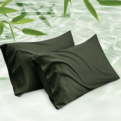 Bedsure Pillow Cases Standard Size, Cooling Pillow Cases, Rayon Derived from Bamboo Olive Green Pillowcases Standard Set of 2, PureWoven Silky Soft Pillow Covers with Envelope Closure, 20x26 Inches