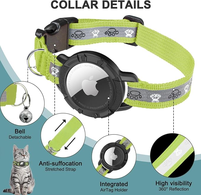 Reflective AirTag Cat Collar, Integrated Cat Collar with Air Tag Holder | Built in AirTag Holder, Adjustable 7-13in for Cats, Kittens and Puppies, Safety Elastic Band, Reflective for Night Walking