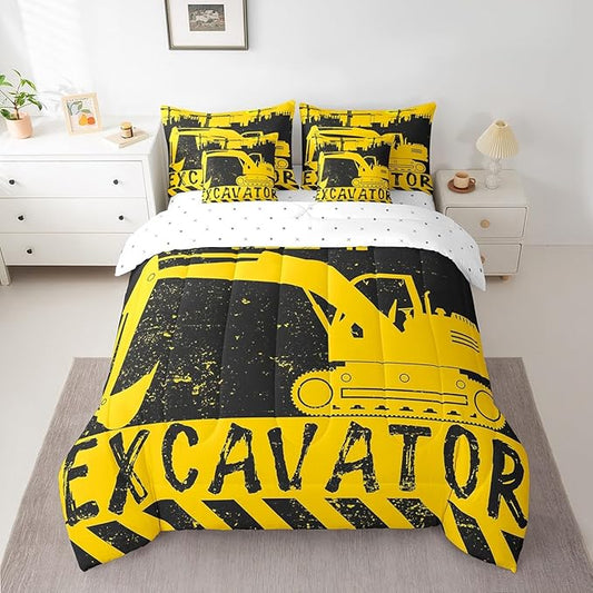 Erosebridal Excavator Bed in a Bag Queen Comforter Set 7 Piece,Construction Vehicle Bedding Sets Big Wheel Car Sheet Set with Comforter